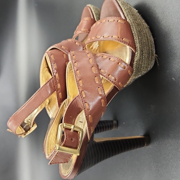 Loft Brown Leather Platform Heels Strappy Sandals Size 6 Espadrille Rope Detail - Picture 8 of 15
